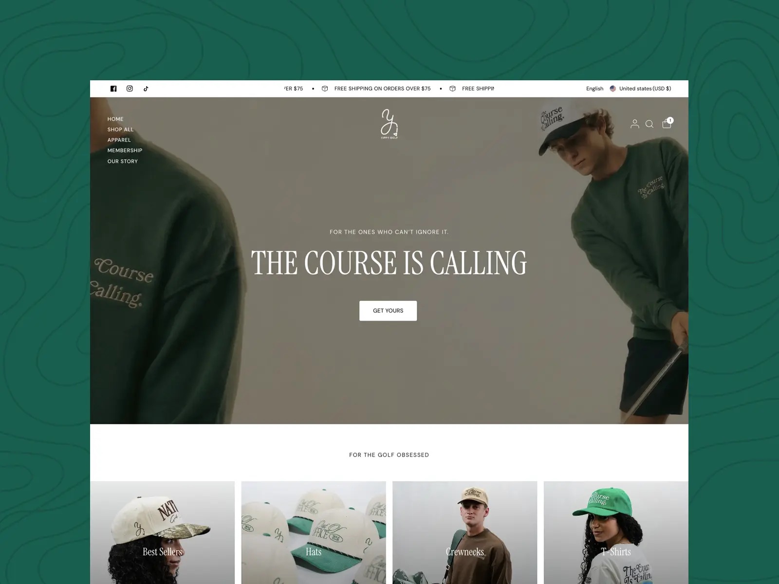 Yippy Golf apparel website homepage